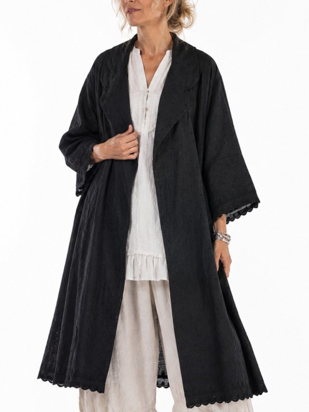 Linen Duster Coat Kimono Open Front Embroidered Polka Dot Oversized O/S 1X 2X 3X - Picture 14 of 14